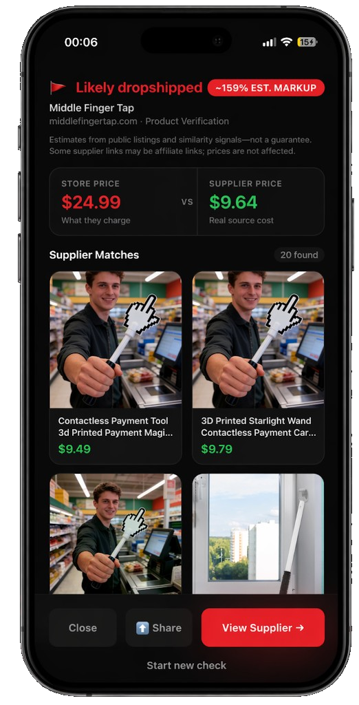 DropCheck on a phone: product verification with store price, supplier price, and supplier matches.
